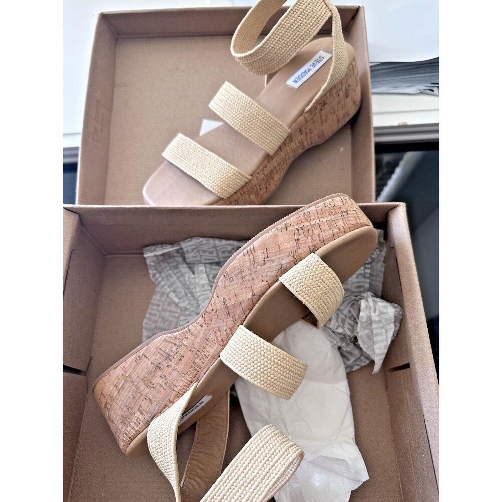 Steve Madden Women's Sashes Raffia Strappy Platform Sandals Wedges Shoes Beige 8 - Picture 5 of 7